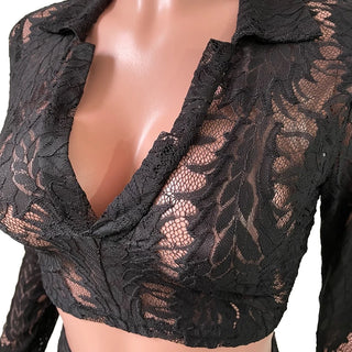 Black Lace See Through Mesh Two Piece Set Women Festival Clothing Rave Crop Top and Leggings Sexy Outfits for Woman Night Club