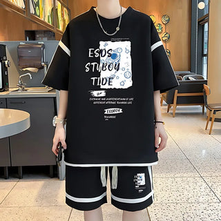 S-6XL Summer Oversized Men's Set Korean Casual Sports Suit Breathable T-shirts Shorts 2 Piece Set High Street Men's Clothing New