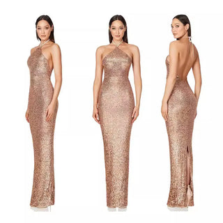 Lower Split Elegant Dress Women For Wedding Party Cocktail Prom Dress Sequin Neck Hanging Sexy Long Formal Evening Dresses Hxy9