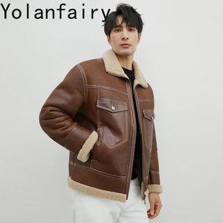 YOLANFAIRY Genuine Leather Jacket Mens Real Sheepskin Fur Winter Clothes Vintage Leather Jacket Men Fleece Jacket Men парка 2024