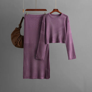 Women's clothing 2025 new summer long sleeved hollow knitted sweater long skirt fashion two-piece dress set skirt sets
