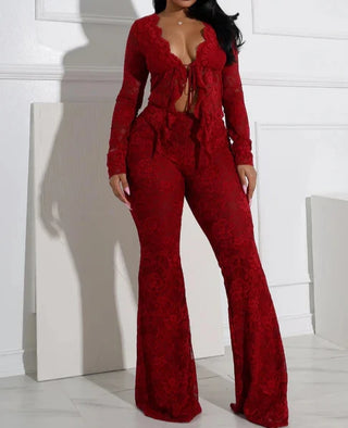 FAGADOER Sexy Lace Woman 2 Piece Set Outfit See Through Long Sleeve Lace Up Crop Top + Bodycon Pants Suits Female Streetwear New