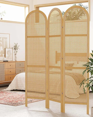 Room Dividers and Folding Privacy Screens, Pine Wood 5.6 Ft Double Hinged Rattan Partition Freestanding Wall Room Divider for Ho
