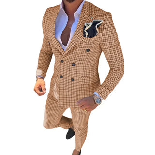 Men's Plaid Suits 2 Pieces Blazer and Pants Set Casual Tuxedo Set Double Breasted Peak Lapel Wedding Dresses Prom Evening Party