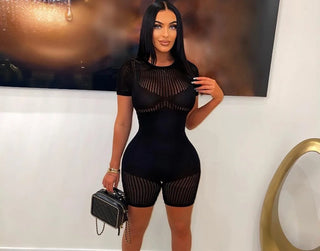 Vaqua Women See Through Rompers One Piece Playsuit Summer Short Sleeve Skinny Elastic Fitness Sport Bodycon Slim Clubwear