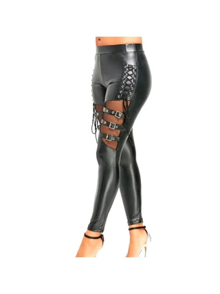 New Woman Mesh Buckle Pants Hollow Out Bandage Sexy Punk Rock Leather Club Slim Streetwear Weird Puss Faux PU Trousers