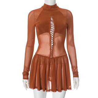 Weird Puss Shirring Women Dress Mesh Patchwork Pleated Full Sleeve Solid 2025 Spring Trend Stretch Midnight Party Club Bodycon