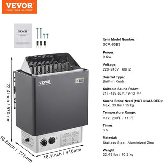 9KW Sauna Heater, Steam Bath Sauna Heater with Built-in Controls, Electric Sauna Stove, 3h Timer and Adjustable Temp