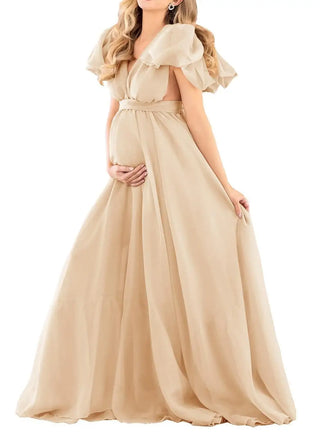 Maternity Chiffon V-Neck Dress Robe Sheer Puffy Gown for Pregnancy Baby Shower Photoshoot - Pregnancy Sheer Gown