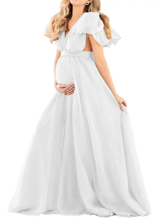 Maternity Chiffon V-Neck Dress Robe Sheer Puffy Gown for Pregnancy Baby Shower Photoshoot - Pregnancy Sheer Gown