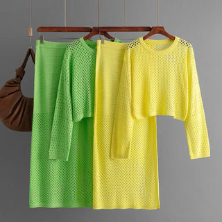 Women's clothing 2025 new summer long sleeved hollow knitted sweater long skirt fashion two-piece dress set skirt sets