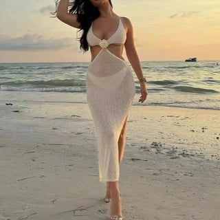 Sexy Transparent Knit Vacation Long Dress 2025 V-Neck Solid Waist Hollow Robe Bikini Summer Women High Slit Bodycon Party Dress