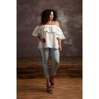 Plus Size Daily White Open Shoulder Short Sleeve Ruffle Linen Blouses