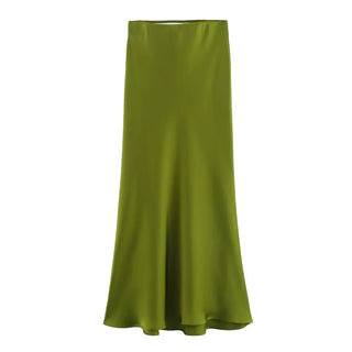 TRAFZA 2024 Y2K Casual Women Long Skirt Spring Elastic High Waisted A-Line Casual Female Satin Skirts High Street Lady Skirts