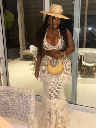 XIZOU Beach Vacation 2 Piece Set Knit Women Y2K See Through Halter Low-Neck Tank Top+Tassel Multilayer Skirts Sexy Clubwear