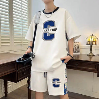 New S-6XL Summer Men's Tracksuit Set Korean Casual Sports Suit Breathable T-shirts Shorts 2 Piece Set High Street Men's Clothing