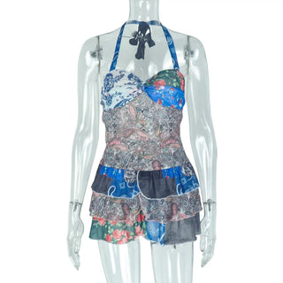 Weird Puss Colorful Print Dress Women Halter Backless Sleeveless Ruched Ruffles Tierred Vacation Beach Party Trend Mini Bodycon