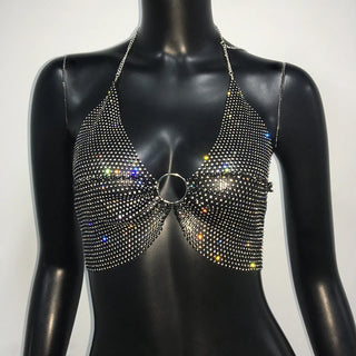 Sparkly Diamond Fancy Party Club Outfits For Women Sexy Crop Top Fishnet Rhinestone See Through Skirt Y2K Festival Rave Clothing