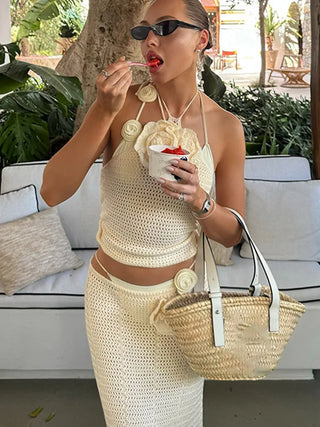 Chic 3d Flowers Sleeveless Halter Lace Up Knit Tops Suit Sexy Hollow Out See Through Slim Printed Skirt Set 2025 Vacation Outfit