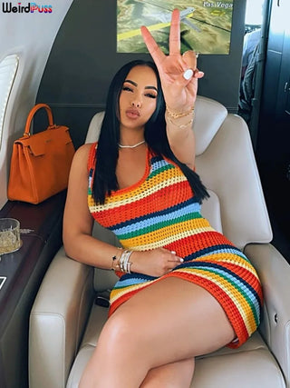 Skinny High Stretch Summer Fashion Streetwear Party Y2K Bodycon Weird Puss Stripes Crochet Women Dress Thick Straps Sleeveless