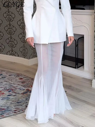 Street Solid Suit Jacket Skirt Set Women Slim One Button Blazer See Through Pleated Fishtail Skirts 2025 Spring Lady Party Suit