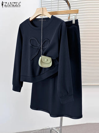 ZANZEA 2025 New Chic Sets Autumn Sports 2 Piece Dress Sets Holiday Women Bowtie Pullover Skirt Suit Casual Loose Korean Outfits