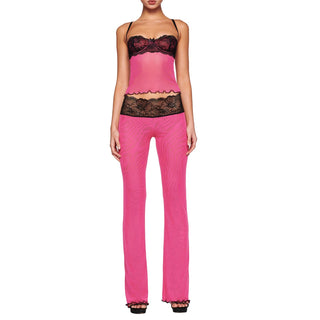 Combhasaki Women's 2Pcs Lace See-through Loungwear Ruffled Outfits Set Color Patchwork Sleeveless Camisoles+Low Waist Long Pants