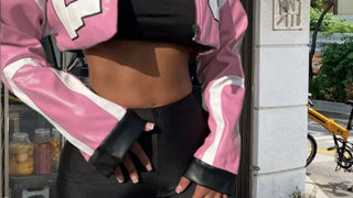 Weird Puss Faux Leather Varsity Jacket Women Hipster Letter Print Autumn Casual Sporty Wild Streetwear Uniform Trend Crop Coat