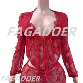 FAGADOER Sexy Lace Woman 2 Piece Set Outfit See Through Long Sleeve Lace Up Crop Top + Bodycon Pants Suits Female Streetwear New