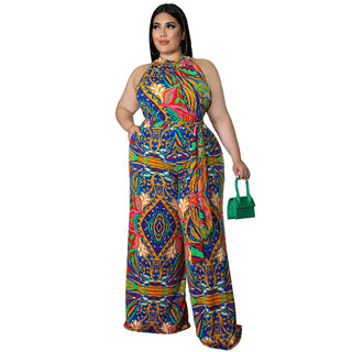 SOMO Plus Size Women Jumpsuit Sleeveless Casual Hanging Neck Print with Belt Large Size Romper Wide Legs 2024 New Dropshipping
