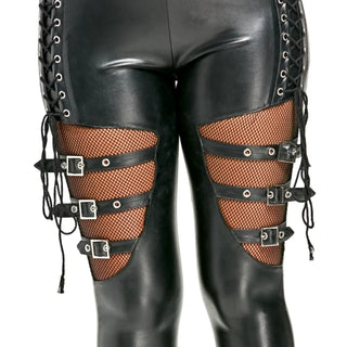 Woman Pants High Waist Pants Hollow Out Bandage SteamPunk Rock Leather Club Slim Streetwear Weird Puss Faux PU Trousers