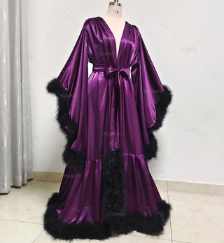 Bathrobe for Women Flare Sleeves Feather Scarf Dressing