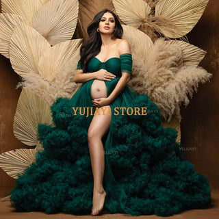 Luxury Maternity Dresses for Photoshoot Tulle Robe Off Shoulder Wedding Bridal Sleepwear Nightwear Front Split BabyShower Gown
