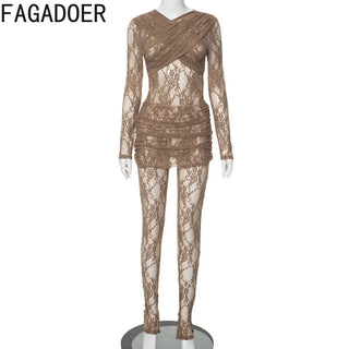 FAGADOER Sexy Lace Two Piece Set for Women Mesh See Through Hollow Out Crop Top + Bodycon Skirt Pants Suits Hot Girl Streetwear