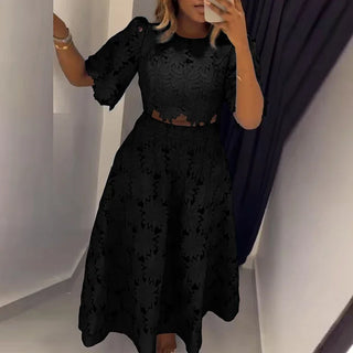 Fashion Hollow Lace Slim 2 Piece Sets Elegant Solid Holiday Summer Outfit New Ladies O Neck Short Sleeved Top + Long Skirt Suit