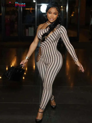 Weird Puss Sexy Hollow Jumpsuit Women Ruched Irregular Hipster Club Stripe Print Full Sleeve Midnight Activity Workout Overalls