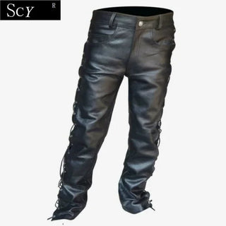 Men's Black Thick Leather Side Laces Up Jeans Style Long Pant Motorcycle Leather Trousers Leather Motorcycle Pants