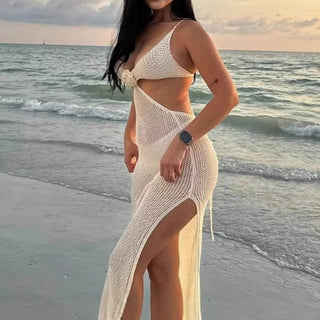 Sexy Transparent Knit Vacation Long Dress 2025 V-Neck Solid Waist Hollow Robe Bikini Summer Women High Slit Bodycon Party Dress