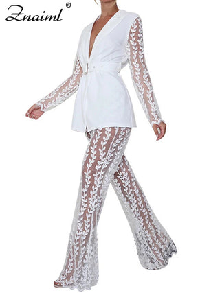 Znaiml Black Mesh Patchwork Two 2 Pieces Sets Women Elegant Blazer Sashes and Sheer See Through Flared Pants Office Lady Outfits