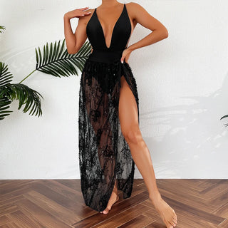 Women Deep V Neck Backless Bandage Cross One Piece Swimsuit Lady Beach Swim Sexy Lace Transparent Skirts & Bodysuit Bikini Set