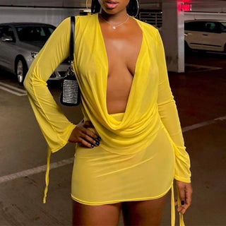 2022 Sexy Mesh Two Piece Set Women Skirt Hipster See Through Flare Long Sleeve Low V-Neck Top And Bandage Drawstring Outfits Y2K