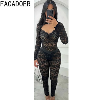 FAGADOER Sexy Lace 2 Piece Set Women Hollow Out See Through Crop Tops And Leggings Pants Female Night Club Outfit Streetwear New