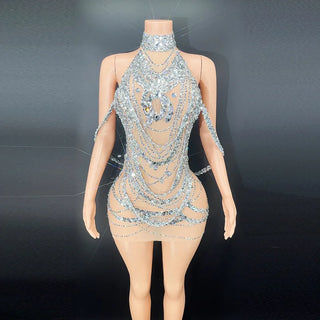 Sexy Sparkly Silver Prom Dresses Glitter Beads Crystal Rhinestones See-Thru Tassels Birthday Party Gowns Sexy short skirt