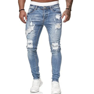 Biker Jeans Men's Distressed Stretch Ripped Biker Jeans Men Hip Hop Slim Fit Holes Punk Jeans Zipper Pure Color Denim Pants
