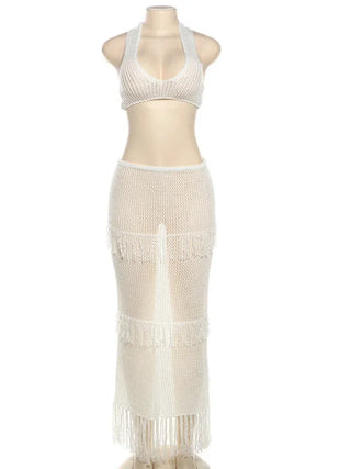 XIZOU Beach Vacation 2 Piece Set Knit Women Y2K See Through Halter Low-Neck Tank Top+Tassel Multilayer Skirts Sexy Clubwear