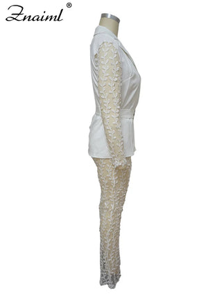 Znaiml Black Mesh Patchwork Two 2 Pieces Sets Women Elegant Blazer Sashes and Sheer See Through Flared Pants Office Lady Outfits