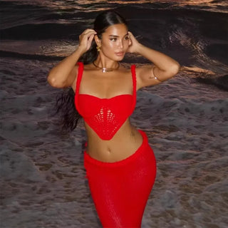 Fashion Hollow Out Knitted Skirt Set Women Sexy See Through Holiday Two Piece Outfit Summer Top and Maxi Skirt Matching Set 2025