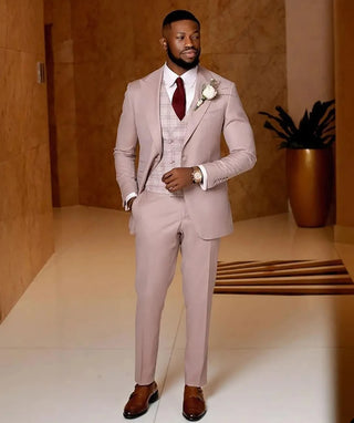 Pink Men's Suits Tailored 3 Pieces Blazer Vest Pants Peaked Lapel Single Breasted Plaid Wedding Groom Customized Plus Size