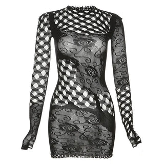 Weird Puss Lace Patchwork Women Sexy Dress Skinny Long Sleeve See Through Hollow Coquette Midnight Clubwear Party Mini Bodycon