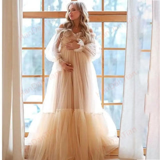 Maternity Chiffon V-Neck Dress Robe Sheer Puffy Gown for Pregnancy Baby Shower Photoshoot - Pregnancy Sheer Gown